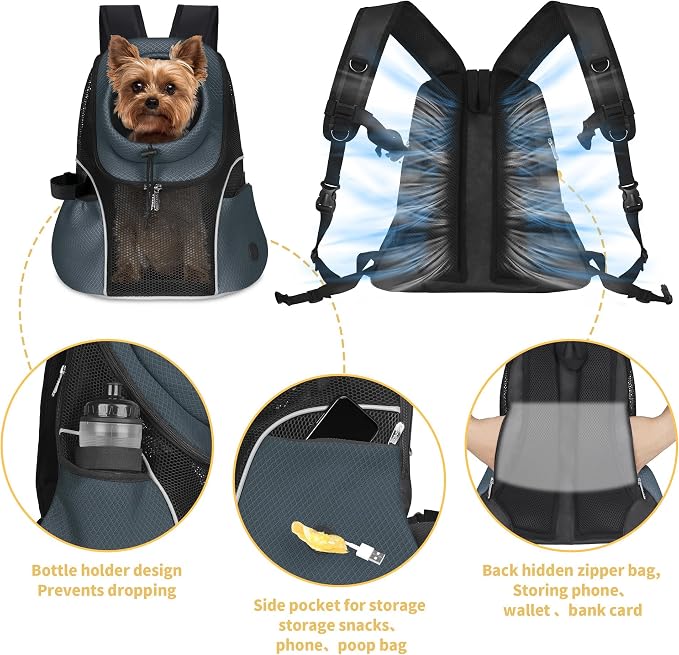 WOYYHO Pet Dog Carrier Backpack, Ventilated Mesh Small Dog Front Backpack | Breathable Puppy Back Pack, with Safety Belt, Storage Pockets, for Travel Hiking Cycling Outdoor Adventures, Dark Gray, L