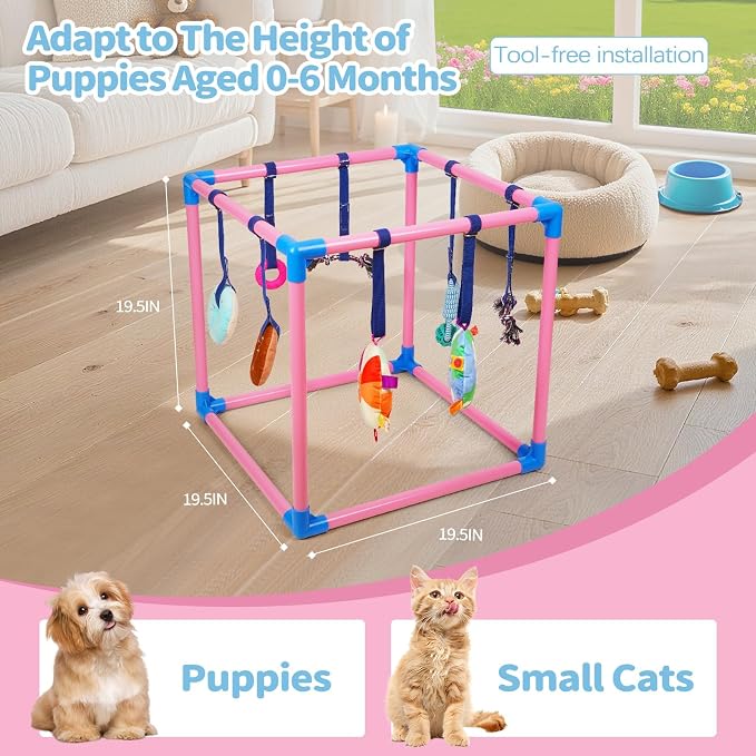 Liitrton Puppy Play Gym for Small Dogs with 8 Hanging Toys, Pink | 19.5"x19.5"x19.5" PVC Frame, Indoor Puppy Jungle Gym with Interactive Puppies Toys