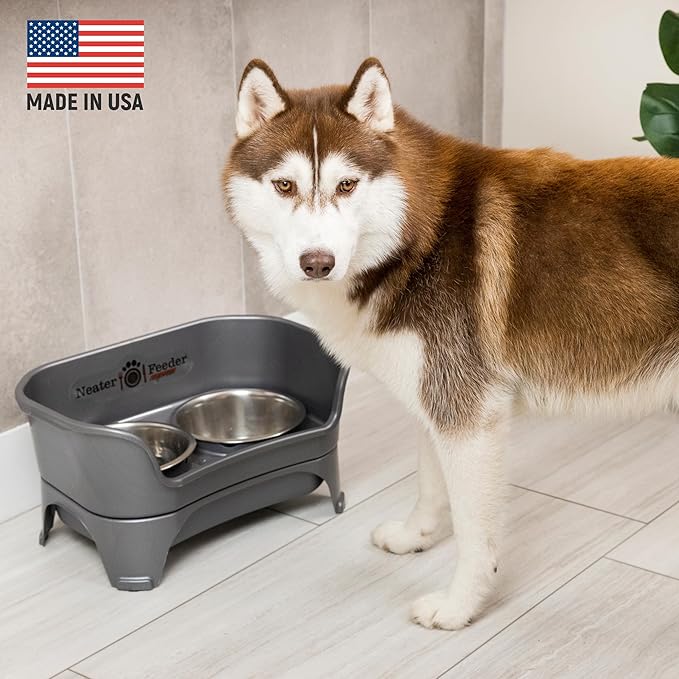 Neater Feeder Express Mess Proof Dog Bowls Elevated for Medium and Large Breed – Made in USA – No Spill Raised Slow Feeder Elevated Dog Bowl Stand, Slow Feed Food and Water Bowl Set, Grey