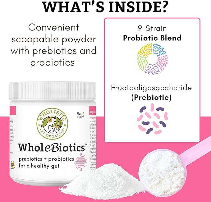 Wholistic Pet Organics WholeBiotics - Daily Dog Probiotics for Digestive Health Support & Immune Boost - 9 Strains - Prebiotics & Probiotics for Dogs & Cats - Gut Health for Dogs - 3 Oz - 85 Scoops