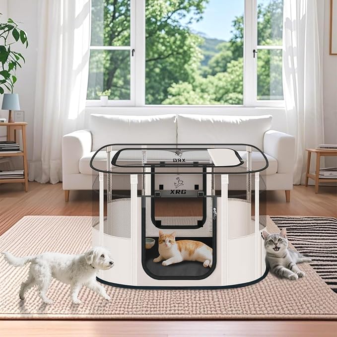 XRG Foldable Dog Playpen with pad，Indoor Cat Kennel L(35.4"x27.6"x23.6") | Portable Dog Crates with Upgrade Breathable Mesh，Sturdy Cat cage Indoor & Outdoor for Rabbit or Small Animals,Beige