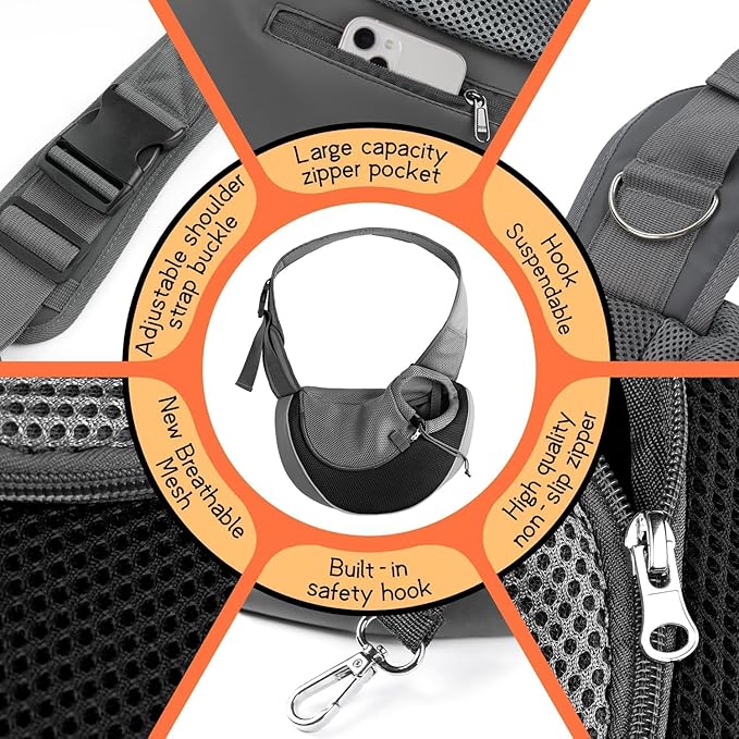 YUDODO Pet Sling Carrier for Small Dogs Cats Puppy Crossbody Bag Carrier | Hands-Free, Safety Hook, Large Zipper Pocket, Soft Breathable Mesh, Adjustable Strap, Reflective Strip, Black, S