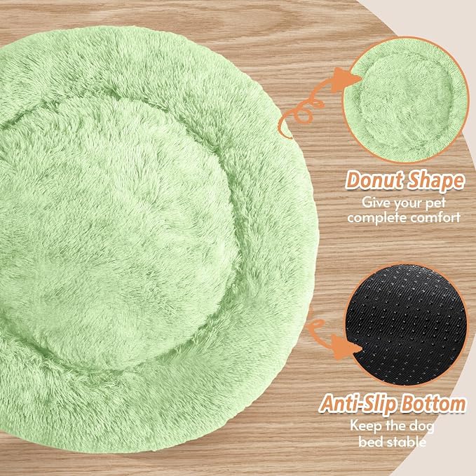 JOLLYVOGUE Calming Dog Beds Large Sized Dog, 36in Donut Washable Large Pet Bed, Anti-Slip & Anti-Anxiety Fluffy Faux Fur Round Dogs Bed, Fits up to 80 lbs Pets (Light Green)