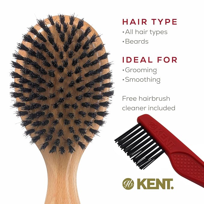 Kent OG1 Finest Men's Hair Brush and Facial Brush for Beard Care - 100% Natural Black Boar Bristle Brushs for Mens Grooming, 360 Wave, and Beard Straightener For Men's Hair Care