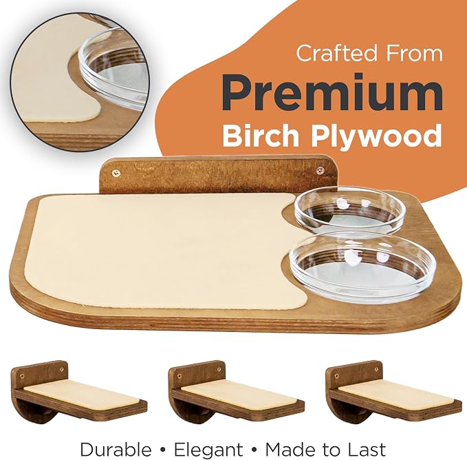 INICIO Cat Shelves - Feeding Shelf with 3 Cat Wall Steps - Natural Wood | Cat Wall Shelves with Wall Mounted Cat Food Bowls - Dog Proof Feeding Station and Convenient Feeder for Cats up to 15lbs