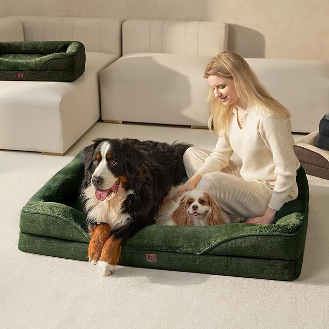 EHEYCIGA Orthopedic XL Dog Bed for Large Sized Dog, 42x30 Inch Extra Large Memory Foam Dog Couch Bed with Sides, Waterproof Liner & Washable Removable Cover, Dark Green
