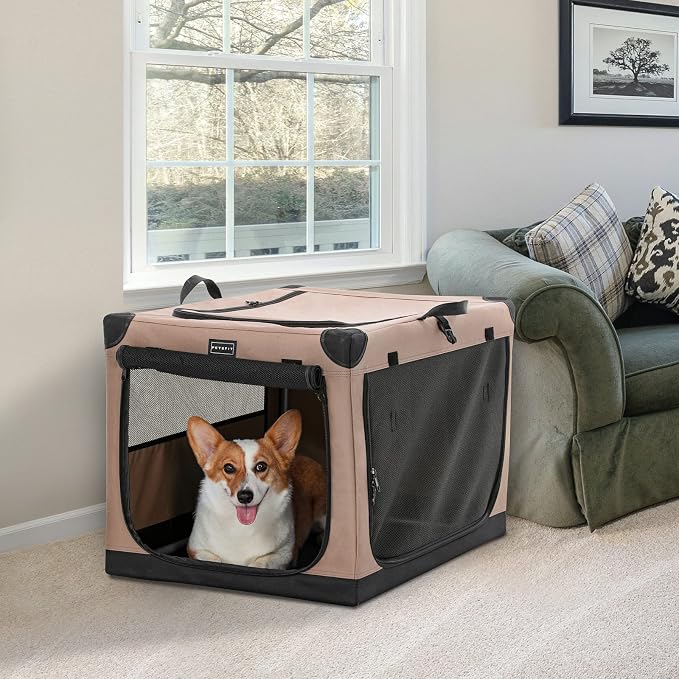 PETSFIT 30" Soft Portable Dog Crate – Patented Spiral Sturdy Frame, Collapsible Travel Kennel for Medium & Large Dogs, 3 Mesh Door, Lockable Zippers, Indoor & Car Use Khaki
