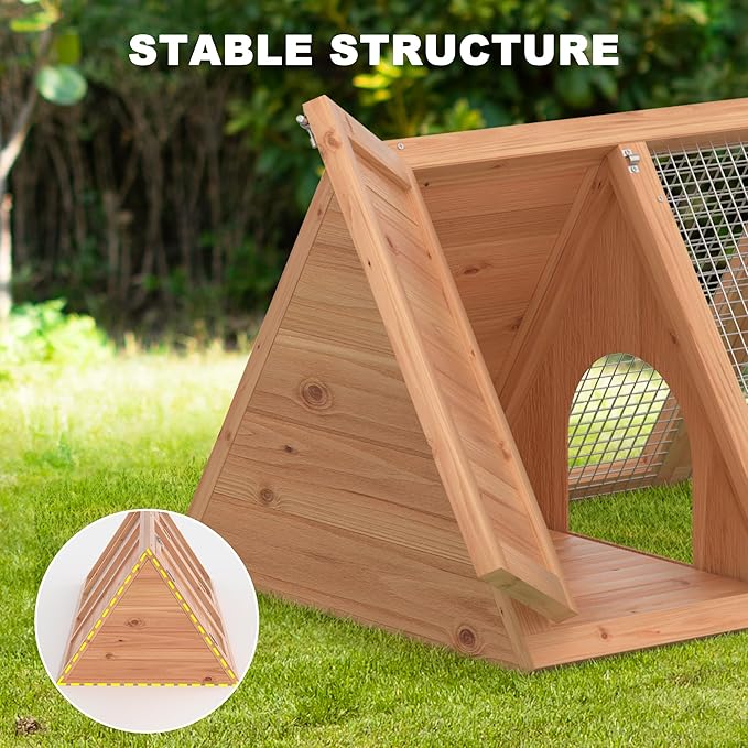 Small Chicken Coop, Rabbit Hutch Outdoor, Wooden Triangle Rabbit Cage with 2 Door & Poultry Run, Portable Bunny Hutch for Chicken, Rabbit, Guinea Pigs, Hedgehog, Small Animals (Natural Wood)