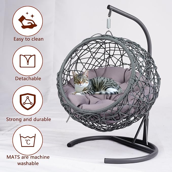 Anwick Cat Swing Bed with Stand & Cushion Indoor Outdoor, Egg Chair(Gray) | with Rattan Wicker Appearance, Indoor Hanging Swinging Hammocks for Cat, Dogs, and Small Animals Bedroom Porch