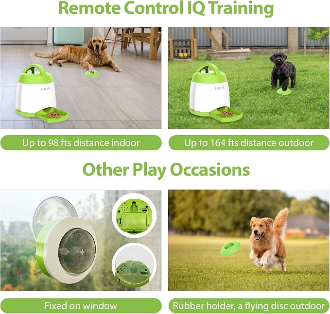 PETGEEK Dog Food Dispenser Toy, Interactive Pet Toys Treat Dispensing for IQ Training, Automatic Dog Treat Dispenser with Button Remote Push, Dual Power Supply for Indoor Outdoor Use, Green Color | Automatic Food Dispenser, Dual Power Supply, Remote Bu...