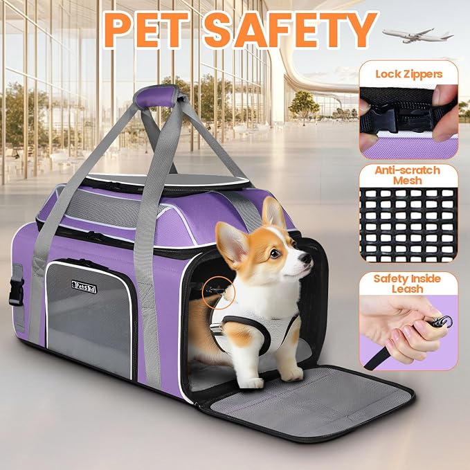 Top and Side Expandable Pet Carrier Airline Approved, Purple | 19"L x 13"W x 9"H, for Southwest Allegiant Airlines, Lockable Safety Zippers and Anti-Scratch Mesh, Pets Under 12 lbs