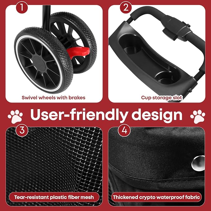 Pet Stroller,Dog Stroller for Small Medium Dogs Cats,3 Wheels,Red+Black | Foldable,with Breathable Mesh Canopy,Cup Holders,Easy Assembly