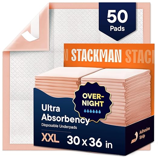 Heavy Absorbency Bed Pads, XXL Disposable 30 x 36 Chucks Pee Pads for Incontinence Bed Wetting for Adults, Elderly & Kids [50 Pads] Extra Large Underpads - 30x36 - With 2 Adhesive Strips on Each Pad | XXL Bed Pads for Incontinence Bed Wetting for Adult...