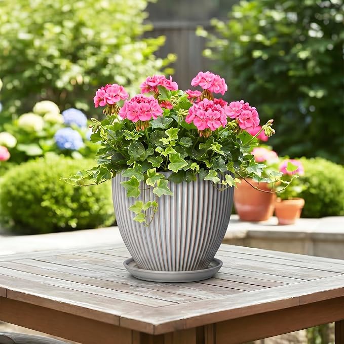 Ceramic Planters for Plants, 8 Inch Flower Pot with Drainage Hole and Saucer, Round Plant Pots for Indoor Plants, Modern Decorative Planter, Home Garden Decor, Gifts for Plant Lovers, Grey