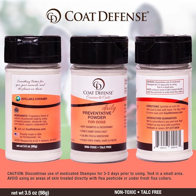 COAT DEFENSE Daily Preventative Powder | Made in USA | 3.5oz Waterless Dog Shampoo & Pet Deodorizer for Smelly Dogs | Provides Anti Itch Relief | Dog Shampoo for Dry Itchy Skin