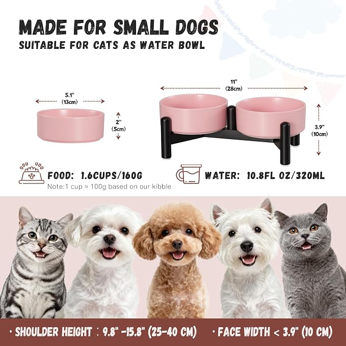 Raised Ceramic Dog Bowl Set with Stand, 1.6 Cups Elevated Dog Food Stand | 5.1'' Double Dog Food and Water Bowl Set, Non-Slip Dog Feeding Dishes for Small Breeds and Cats, 10.8 OZ, Pink