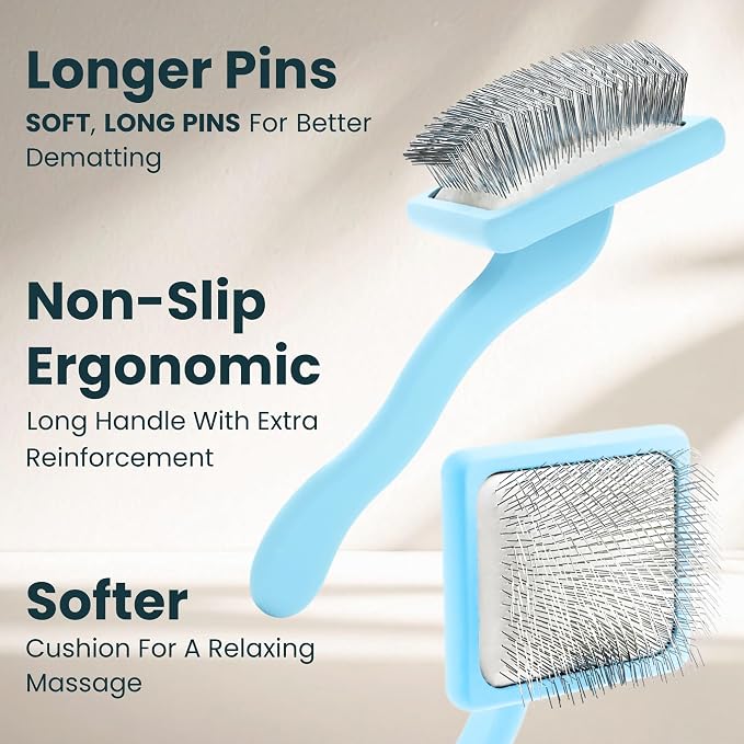 Slicker Brush for Dogs - Long Pin for Poodles, Doodles & Long Haired Dogs, Deshedding & Dematting Tool, Slicker Dog Brushes for Grooming (3 Baby Blue, Flat Large Bundle)