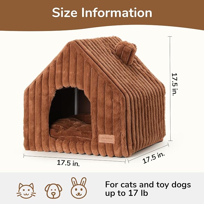 FUKUMARU Cat Bed Cave, Enclosed Washable Covered Dog Bed with Support Frame | Large Cat House for Indoor Cats, Cozy Cat Hideaway for Anxious Cats, Soft Plush Faux Fur Cat Tent Bed, Non-Slip Bottom, Brown