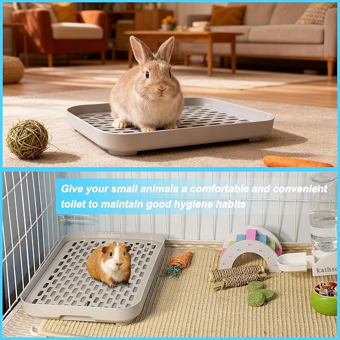kathson Rabbit Litter Box, Bunny Potty Trainer Tray Guinea Pig Litter Box with Grid, Small Animal Toilet for Bunny Guinea Pigs Ferret Cats Chinchilla (Grey, Large)