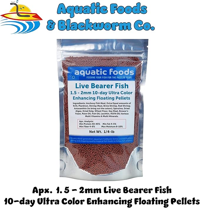 Aquatic Foods Inc. Live Bearer Ultra Red Color Enhancing 1.5mm-2mm Floating Pellets. Color Enhancing in 10-Days for Swordtails, Platies, All Live Bearers…1/4-lb Bag