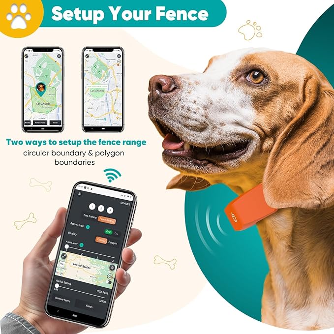 GPS Electric Dog Fence with Free App, Wireless Fence System with Training Collar, Portable for Outdoor Use, Rechargeable Waterproof Flexiable Collar, Adjustable of Dogs (Orange)