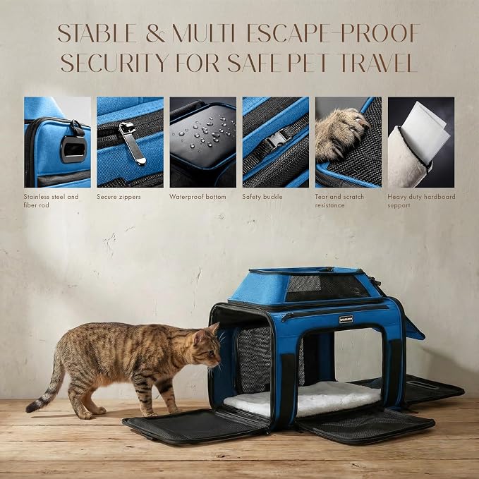 Top-Expandable Pet Carrier with Treat Pet Window,17x11x9.5 Airline Approved | for Alaska Hawaiian,Soft-Sided Dog Carrier, Anti-Scratch Mesh, Lockable Zippers,Cat Carrier for Kitten,Rabbit,Puppy,Blue