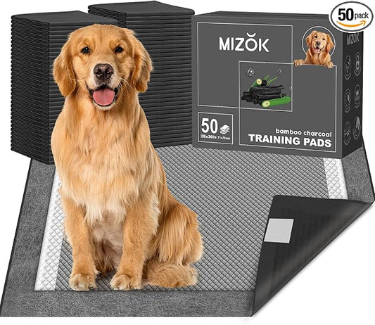 MIZOK Pee Pads for Dogs Charcoal, 28x30in Large Wee Wee Pads for Dogs, Superior Odor Protection, Super Absorbent & Leak-Proof, Puppy Pads with Adhesive Tabs, Thick & Heavy (50 Count)