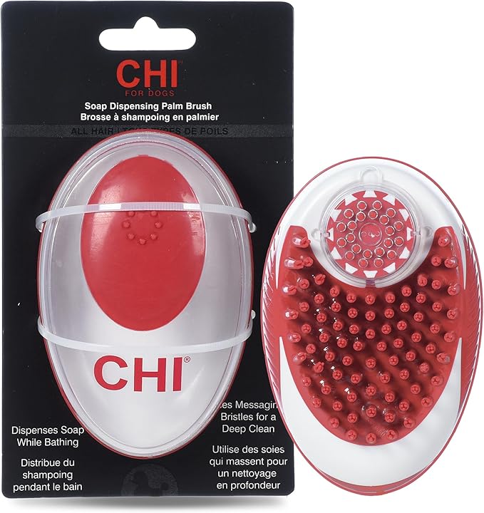CHI for Dogs Soap Dispensing Palm Brush, Handheld Dog Bathing Scrubber with Built-In Shampoo Dispenser, Soft Rubber Bristles for Massaging and Deep Cleaning All Dog Coat Types, Red | Built-in shampoo dispenser, soft rubber bristles, massages while deep...