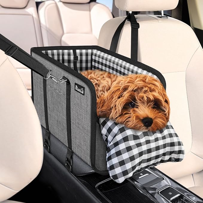 SlowTon Console Dog Car Seat, Dog Booster Seat for Small Dogs Under 11lbs | Portable, Sadety Features for Anti-Collapse , Hard Bootm for Excellent Support, with Washable Cushion Built in Safety Belt