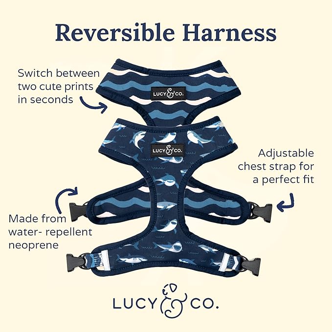 Lucy & Co. Reversible Dog Harness - Water-Repellent Neoprene, Dual-Print Design, Easy Swap Style, Adjustable Comfort Fit - Shark Attack Reversible Harness - Small