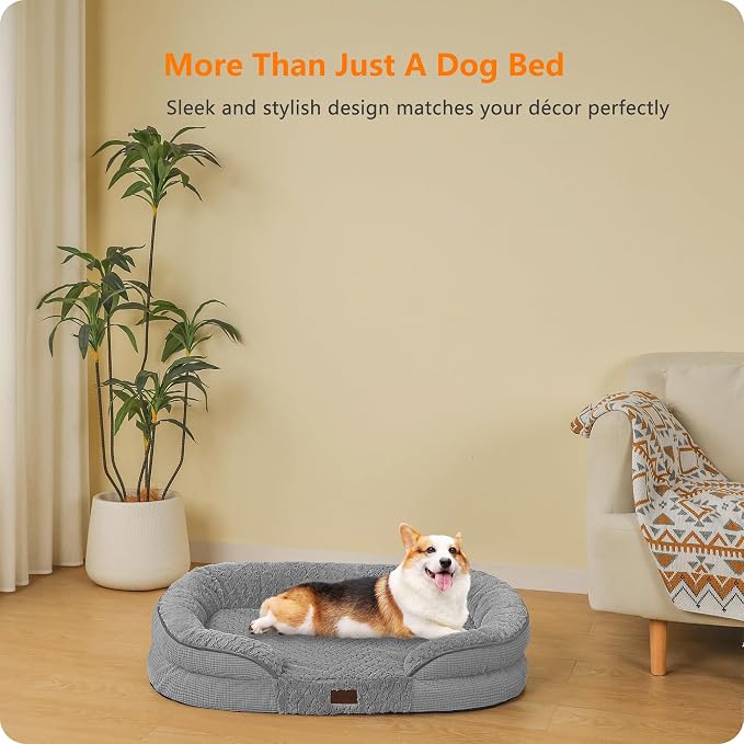 Dwanton Orthopedic Dog Bed for Medium Dogs with Gel Memory Foam, Waterproof Dog Sofa, Washable Pet Bed with Four Sided Bolster Cushion, Removable Cover & Non-Slip Bottom, 36", Plush-Medium Grey