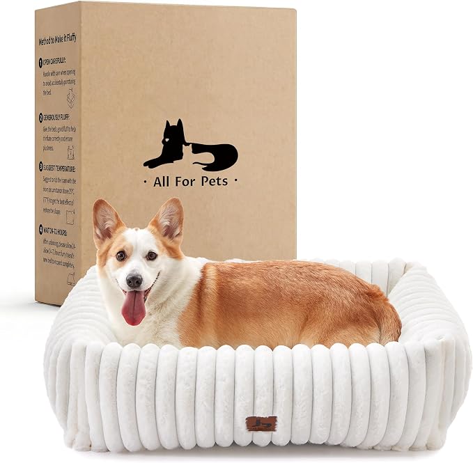 Dog Bed Medium Size Dog, Rectangle Orthopedic Pet Bed for Car and Indoor, Comfort Fluffy Memory Foam Dog Beds with Anti-Slip Bottom, Cream(30x24x8inchs)