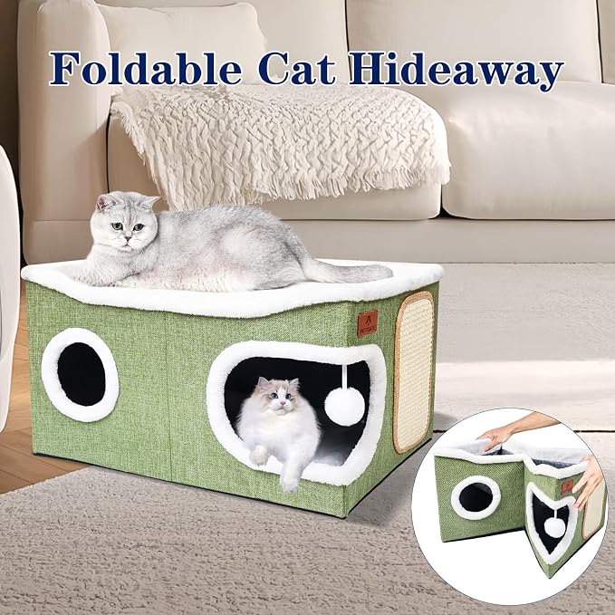 Extra Large Cat Beds for Indoor Cats, Covered Cat Cave Beds & Furniture with Scratch Pad and Fluffy Ball, Foldable Condo Hideaway with Reversible Cushion for Multi Small Pet Large Kittens, Green