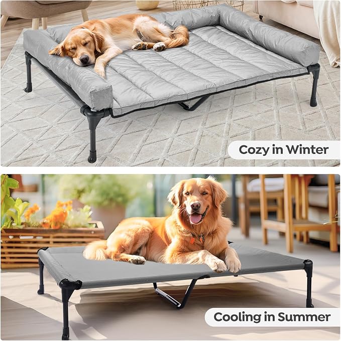 Veehoo Outdoor Elevated Dog Bed with Waterproof Bolster Cushion, Cooling | Raised Dog Bed with Removable & Washable Mat Topper, Breathable Mesh, Dog Couch Cot for Indoor Outdoor, 32", Medium, Grey