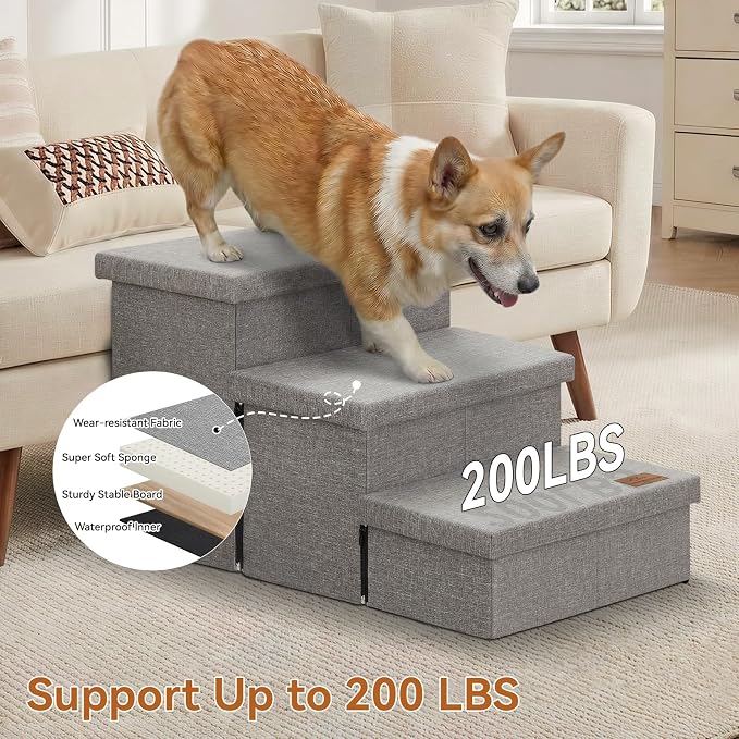 Zerbuger Dog Stairs with Storage, Grey 3 Steps Dog Ramp no Condo for Bed | 18" H Wider Dog Steps for High Beds Couch, Folding Storage Pet Stairs Gift for Climbing Small/Medium/Large Old Dogs Cats