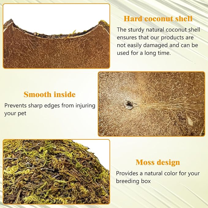 PINVNBY 4 Pack Natural Green Moss Hide Caves Coconut Reptile Hideouts Hamster Climbing Toys Gecko Habitat Decor Lizard Shell Shelter for Snake Tarantulas Turtle Chameleon