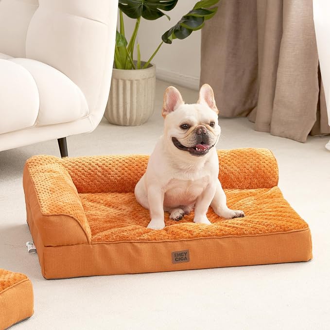 EHEYCIGA Orthopedic Dog Bed Medium Size, Memory Foam Dog Bed, Pumpkin | Small Dog Sofa with Washable Removable Cover, Waterproof Pet Couch for Crate with Nonskid Bottom, 30x20x6