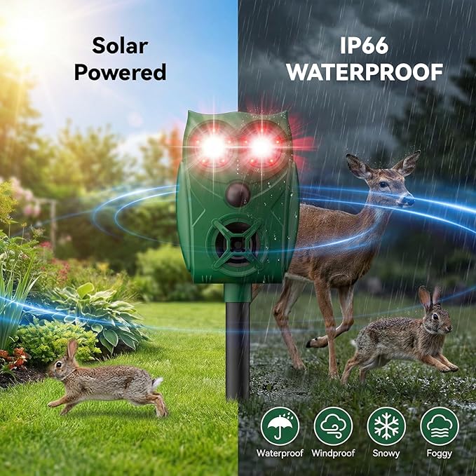 Solar-Powered Ultrasonic Animal Repellent with Motion Sensor, Waterproof Deer Repellent Device with LED Flashing Lights, Perfect for Outdoor Yards, Effective to Repel Deer, Coyotes, Raccoons, and Cats