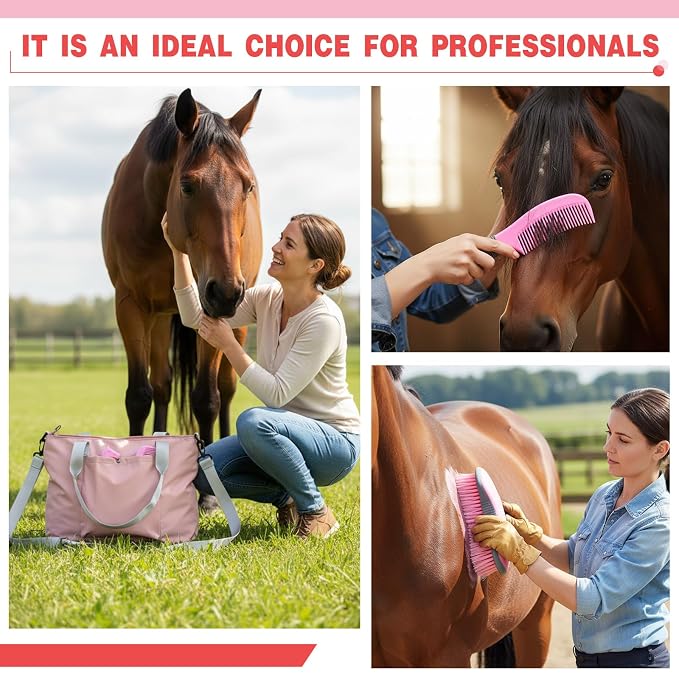 Abbylike 15 Pieces Horse Grooming Kit with Organizer Tote Bag Tack Room Supplies Horse Brush Sets Care Equine Cleaning Kit Shedding Grooming Massaging Tools(Pink and Grey)