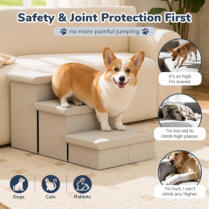 3-Step Wide Dog Stairs with Hidden Storage 18" H, Non-Slip Dog Steps for High Bed Couch Window Car, Jiont-Friendly Pet Stairs Ramp for Small/Medium/Large Old Dogs Cats Up to 220lbs, Beige