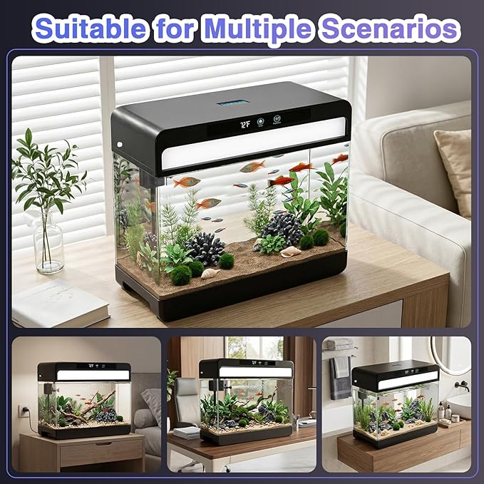 Fish Tank Starter Kit, 3 Gallon Smart Aquarium for Beta, 3-in-1 Silent Water Pump with Filteration & Circulation & Oxygenation, Temperature Display, 7 Colors LED Lights (Black)