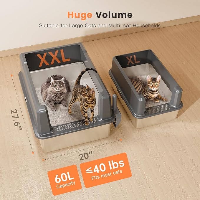 WoofiGo XXL Stainless Steel Cat Litter Box with High Sided, 27.6" L x 20" W x 14" H Extra Large Litter Box for Big Cats and Multiple Cats, Enclosure Cat Litter Pan with Anti-Urine Leakage, Easy Clean