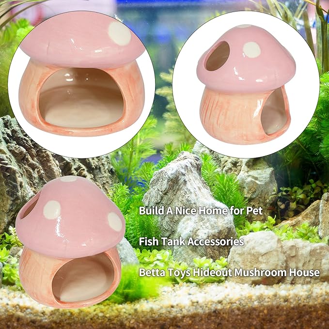 Saim Ceramics Mushroom House Aquarium Decor, Betta Fish Tank Accessories Landscape Decoration, Small Shrimp Goldfishes Habitat Hut Pleco Smalland Breeding Hide Caves Toad House - Pink