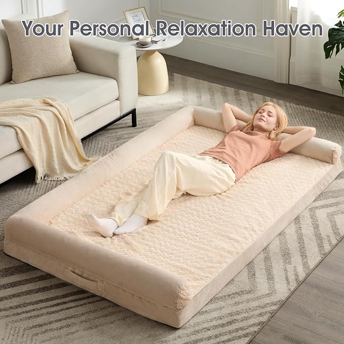 BFPETHOME Orthopedic Washable Human Dog Bed for Adult & Dog Cozy Sleep | Human Size Waterproof Big Soft Pet Couch Bed for Adult & Dogs Relax with Removable Cover Supportive Foam Beige 71x46 Inch