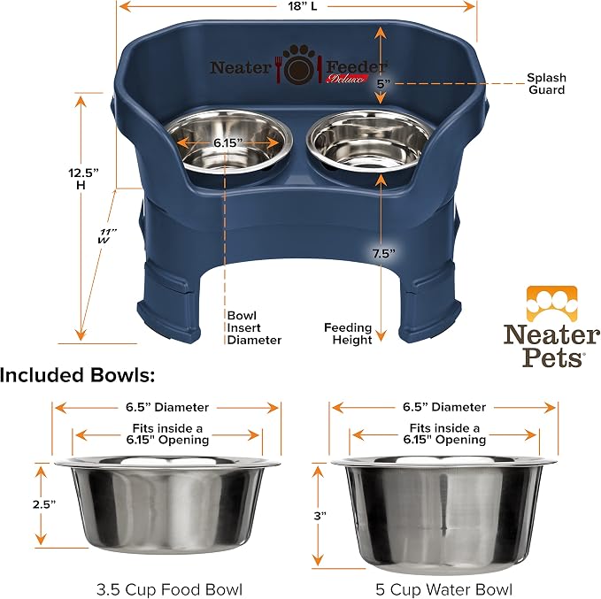 Neater Feeder Deluxe Mess-Proof Elevated Dog Bowls for Medium Dogs (19–40 lbs), 2 Height Adjustable (10” & 12.5”) No-Spill Raised Dog Bowl Stand, Stainless Steel Food Bowl Set, Made in USA, Dark Blue