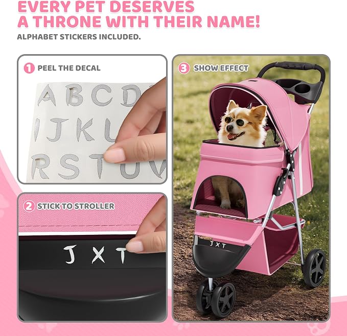 Magshion 3-Wheel Pet Stroller for Small/Medium Dog Cat, Up to 33lbs, Pink | Foldable Travel Jogger w/ Breathable Mesh Cover, Lightweight Design, Safety Tethers, Cup Holder & Storage Basket