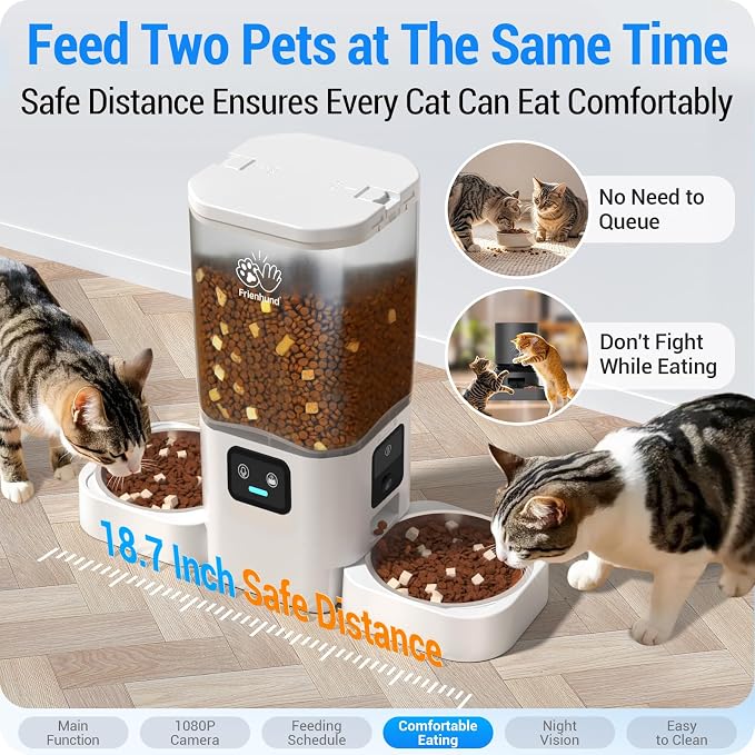 Frienhund Dual Automatic Cat Feeder with Camera for 2 Cats: 5G WiFi Automatic Dog Feeder with Night Vision, 7L Auto Cat Food Dispenser with Two Camera for Multiple Pet, Easy to Clean-29 Cup(ACF180W-A)