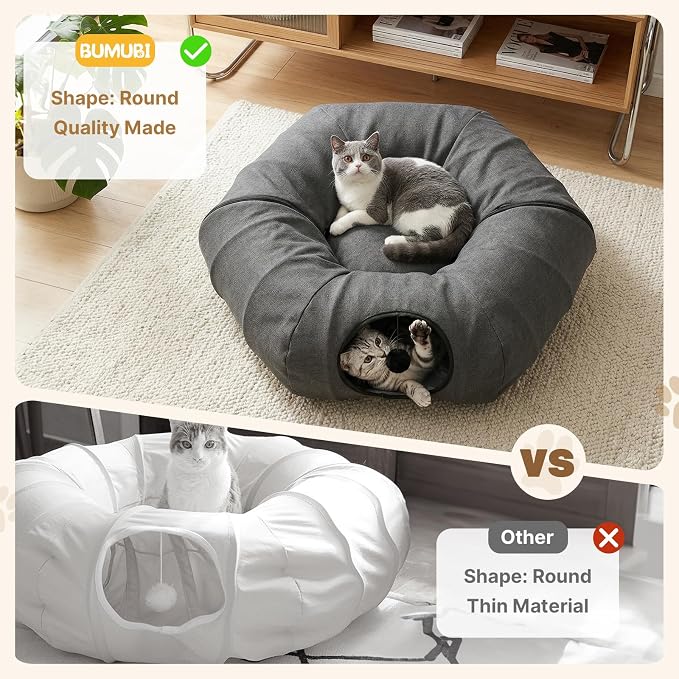 Cat Tunnel Bed for Indoor Cats, Cooling Natural Linen Cat Tunnel 29.5in | Breathable Kitten Toys Cat Tunnel with Washable Mat, Round Pet Tunnel for Kittens, Squirrels Dark Grey