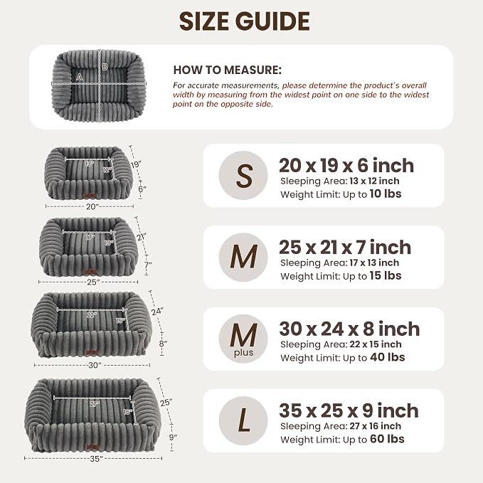 Washable Dog Bed Small Medium Size Dog, Rectangle Orthopedic Pet Bed for Car and Indoor,Fluffy Memory Foam Dog Beds with Anti-Slip Bottom,Grey(25x21x7inchs)