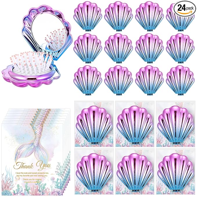 LemonRoad 24 Sets Mermaid Party Favors Shell Hair Brush with Mirror Card, Foldable Mini Travel Compact Hair Brush for Women Birthday, Bachelorette, Under The Sea, Beach Party Gifts(Gradient Colors)